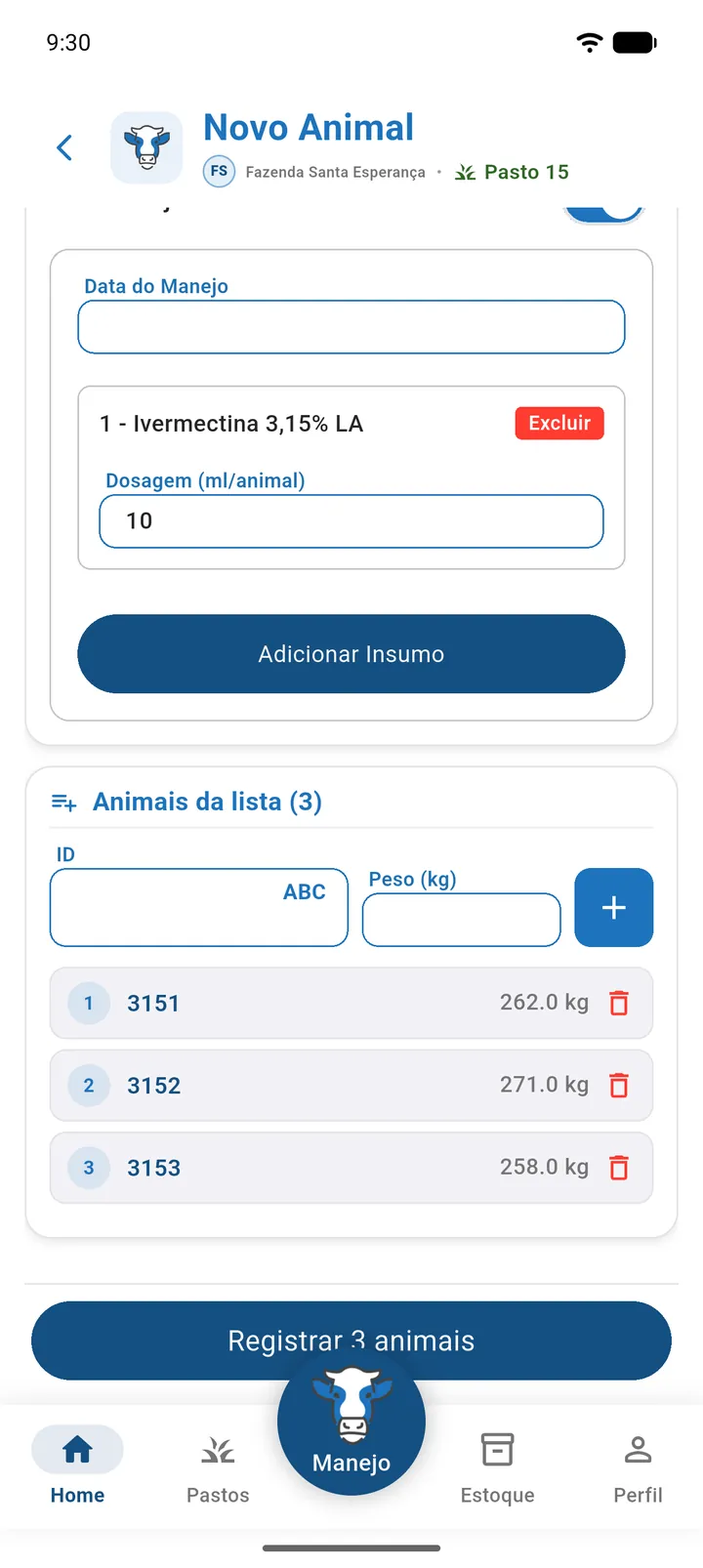 Tela Novo Animal com Adicionar em massa ligado e o cartão Animais da lista com três animais (parte 1)