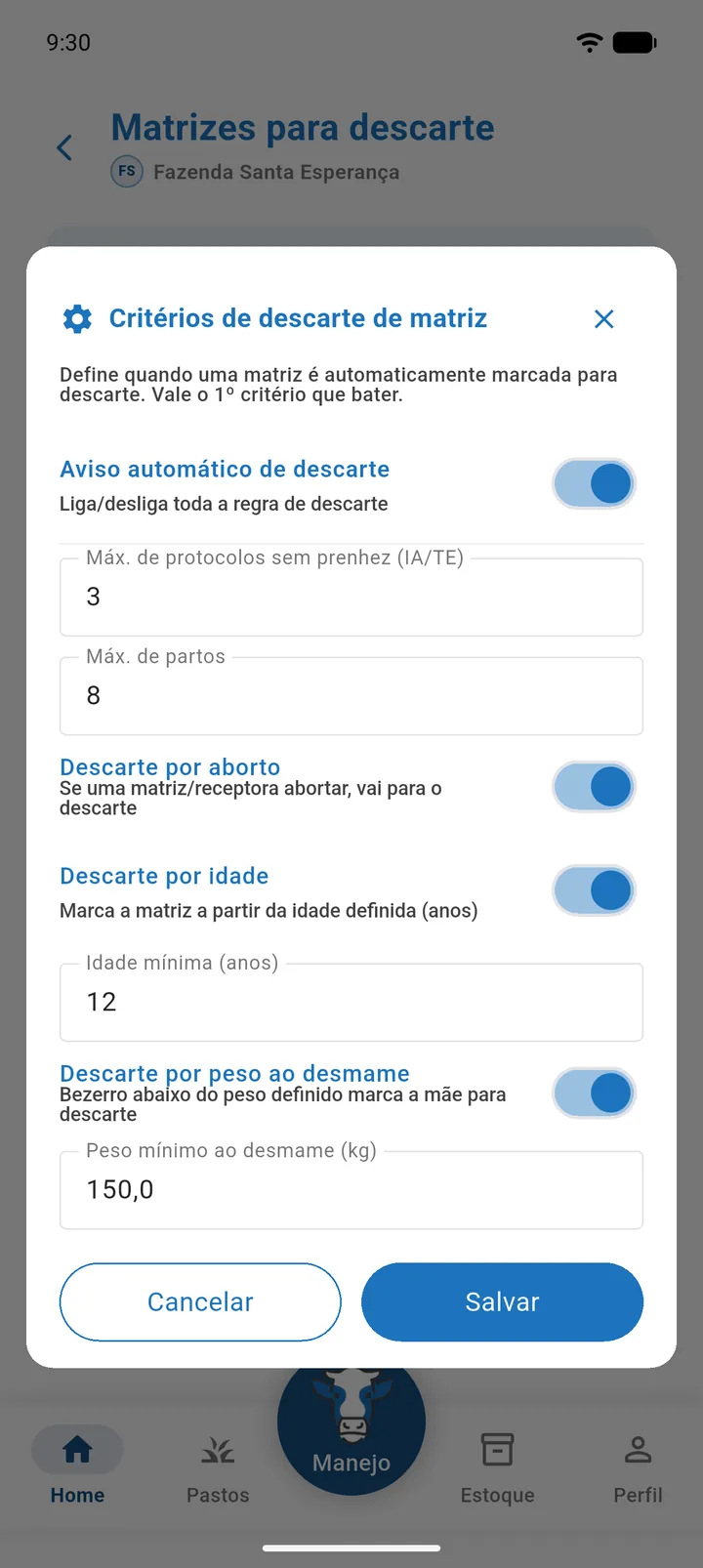 Diálogo Critérios de descarte de matriz com todas as chaves ligadas e os valores preenchidos