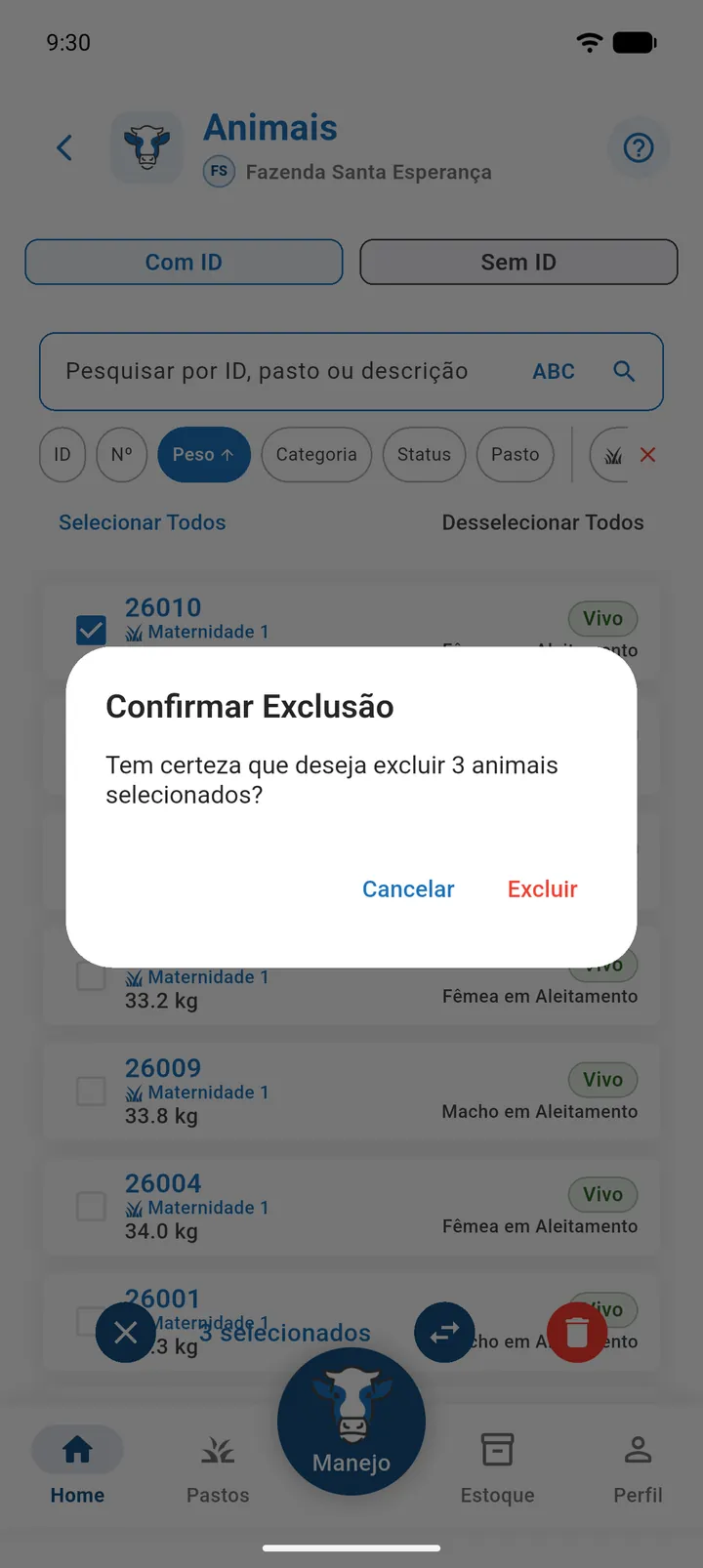 Diálogo Confirmar Exclusão para animais selecionados