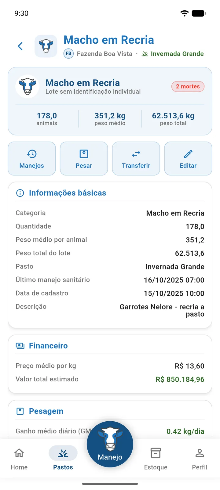 Ficha do lote com o cabeçalho de animais, peso médio e peso total e os atalhos