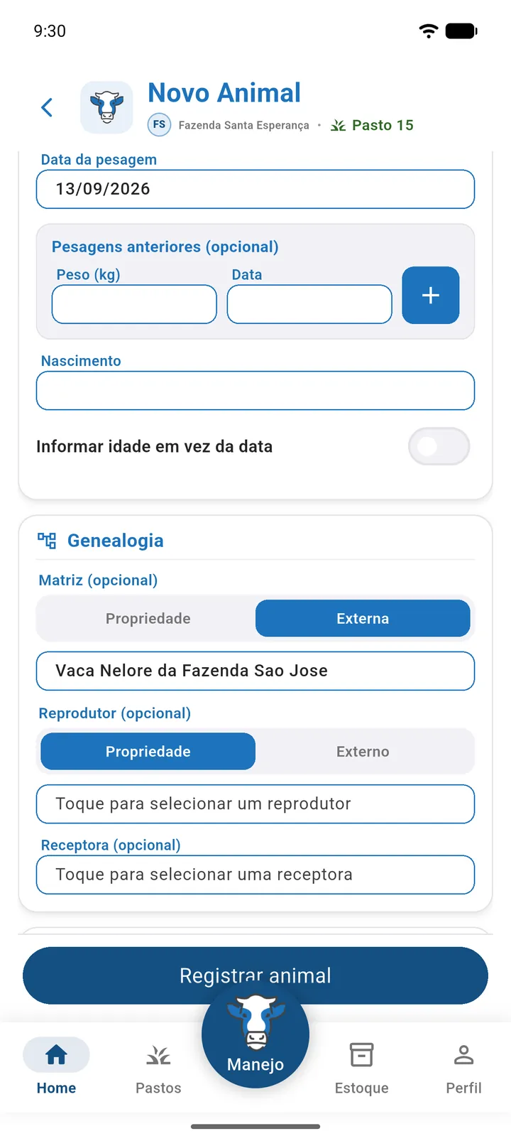 Seção Genealogia com a aba Externa e o nome da matriz externa digitado