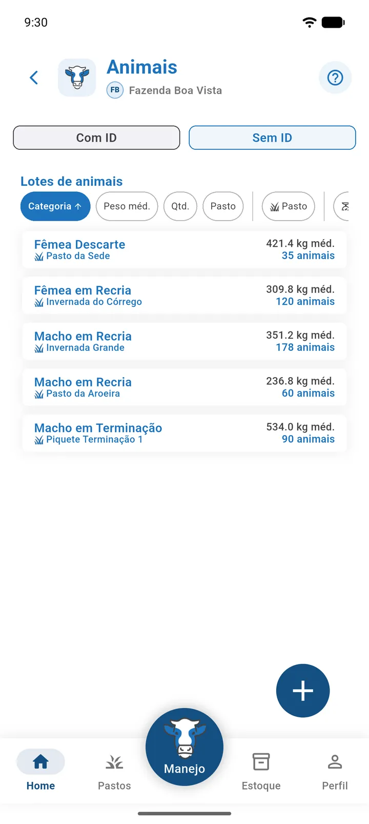 Aba Sem ID com cartões de lotes mostrando categoria, peso médio e quantidade