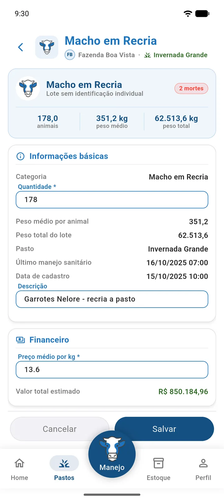 Ficha do lote em modo de edição com Quantidade, Preço médio e Descrição