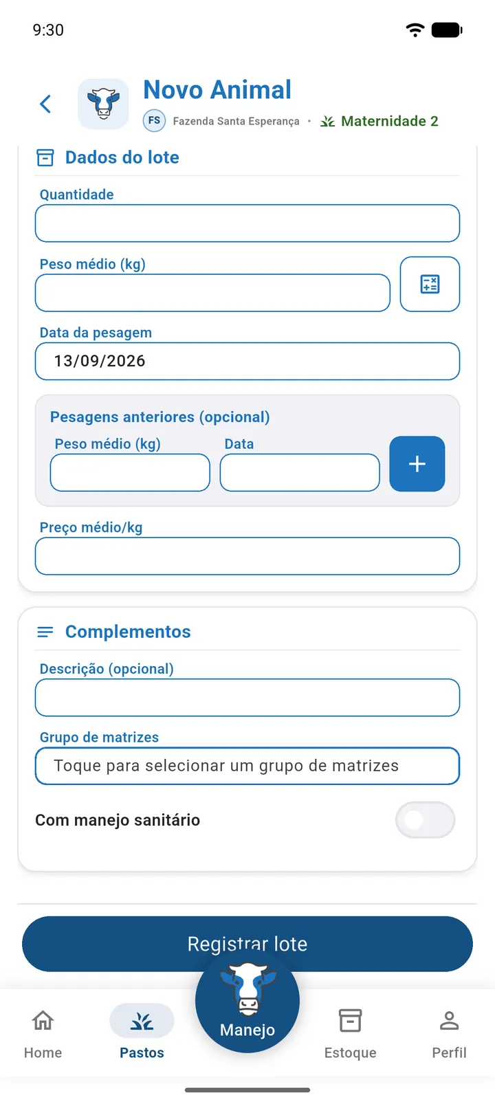 Seção Complementos do lote com o Grupo de matrizes selecionado
