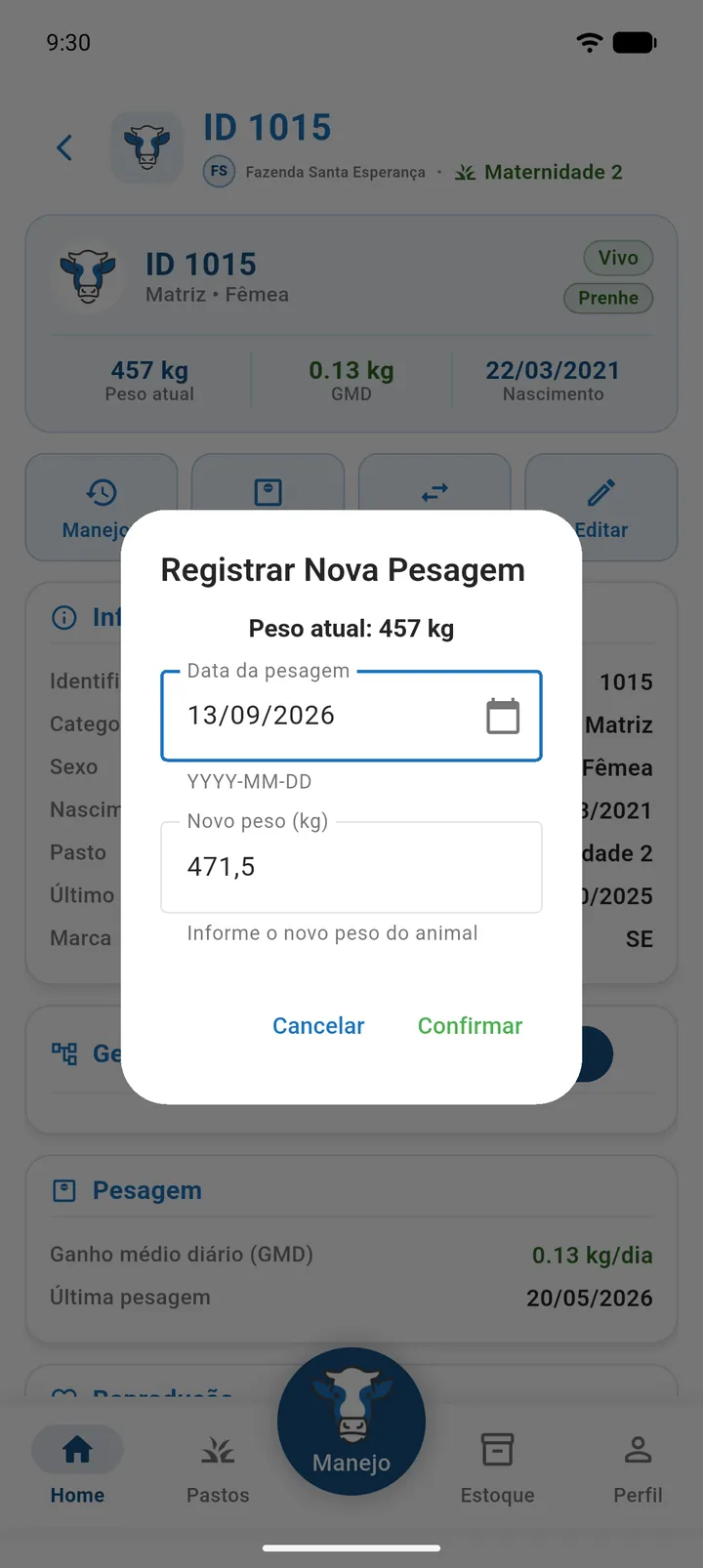 Diálogo Registrar Nova Pesagem com Peso atual, Data da pesagem e Novo peso (kg)