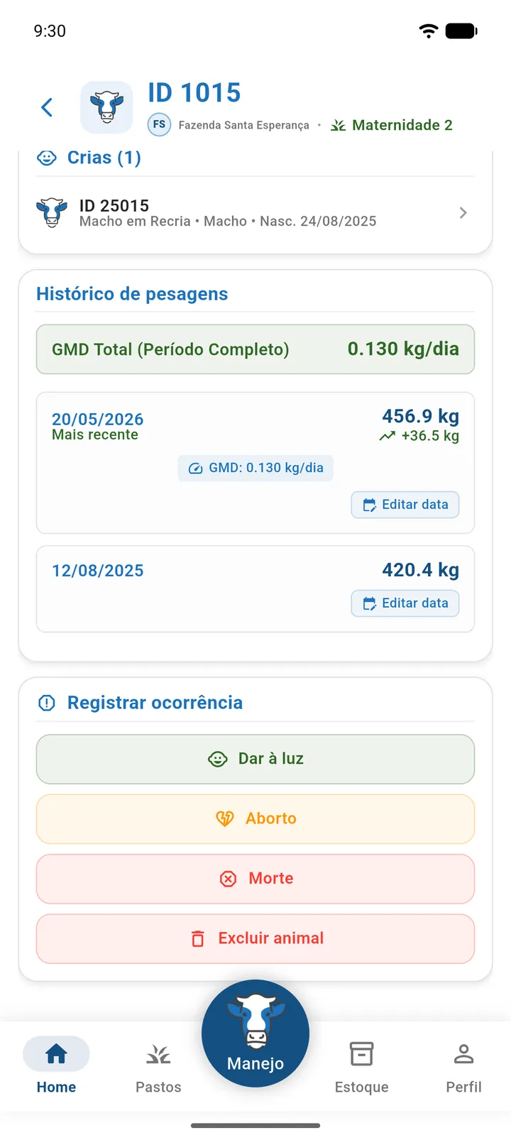 Cartão Registrar ocorrência com Dar à luz, Aborto, Morte e Excluir animal
