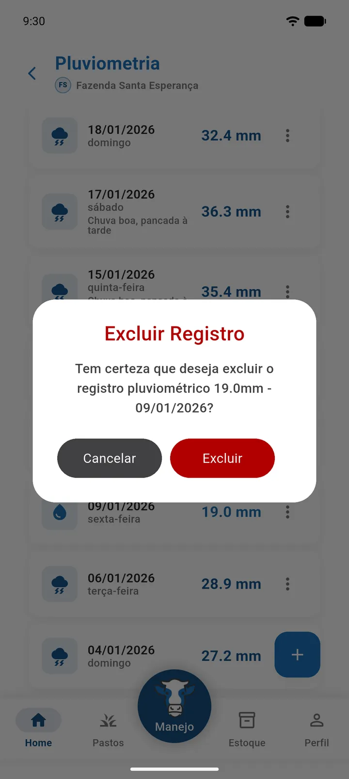 Aviso Excluir Registro mostrando o volume e a data do registro