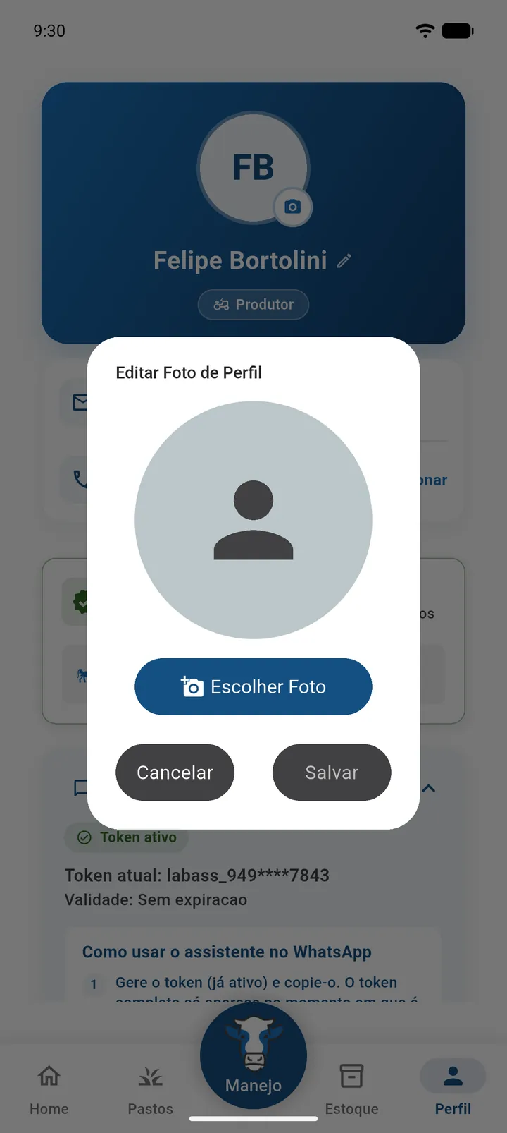 Diálogo Editar Foto de Perfil com a foto escolhida e os botões Escolher Foto, Cancelar e Salvar