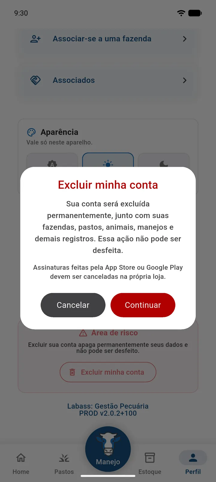 Diálogo Excluir minha conta com o aviso de exclusão permanente e o botão Continuar