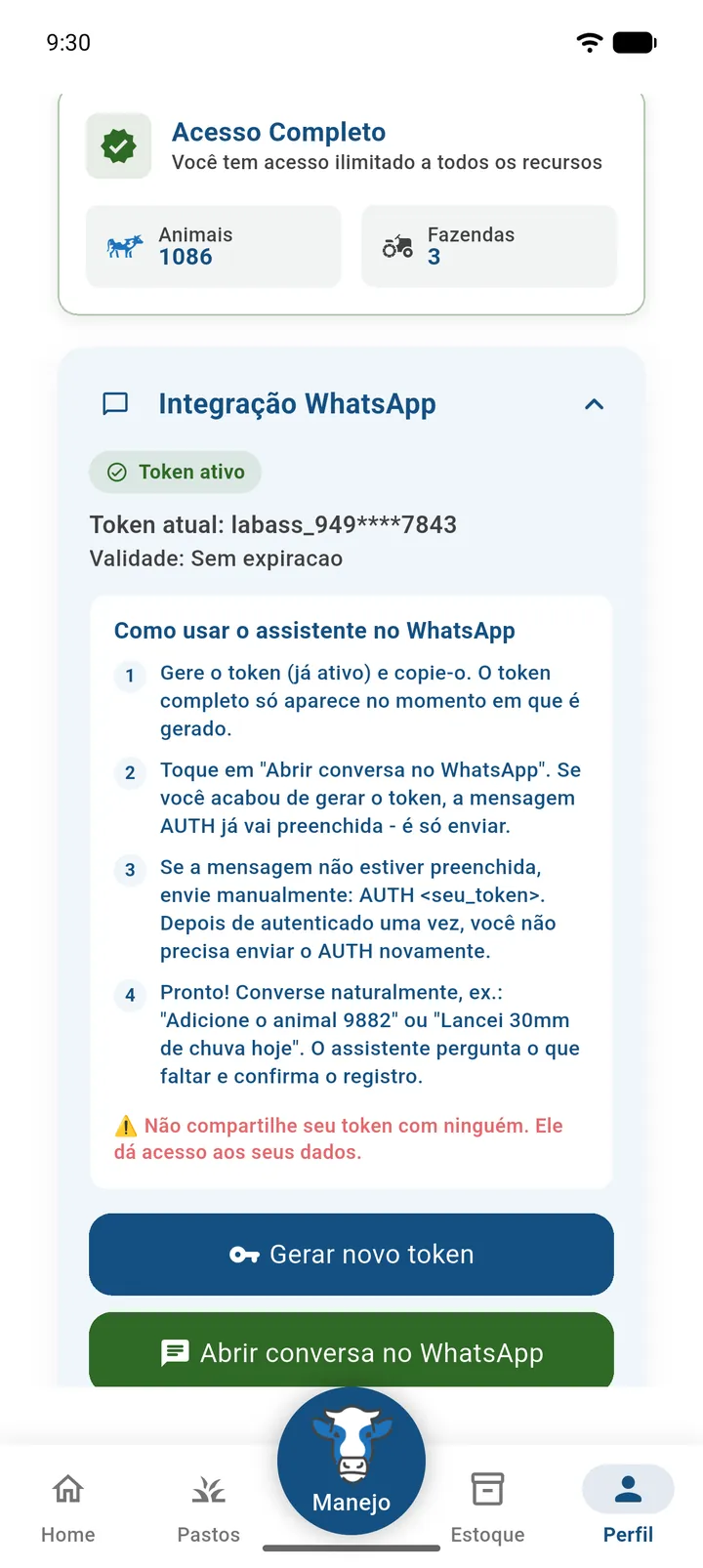 Card Integração WhatsApp expandido, com status Token ativo, validade e os botões Gerar novo token e Abrir conversa no WhatsApp