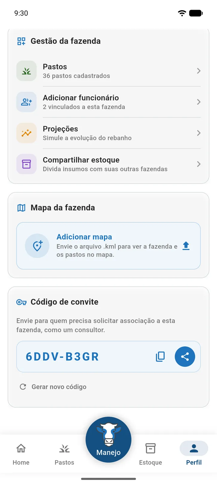 Bloco Código de convite no detalhe da fazenda, com os botões Copiar, Compartilhar e Gerar novo código