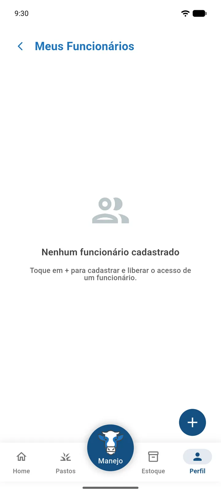 Tela Meus Funcionários com a lista de funcionários, o contador e o botão +