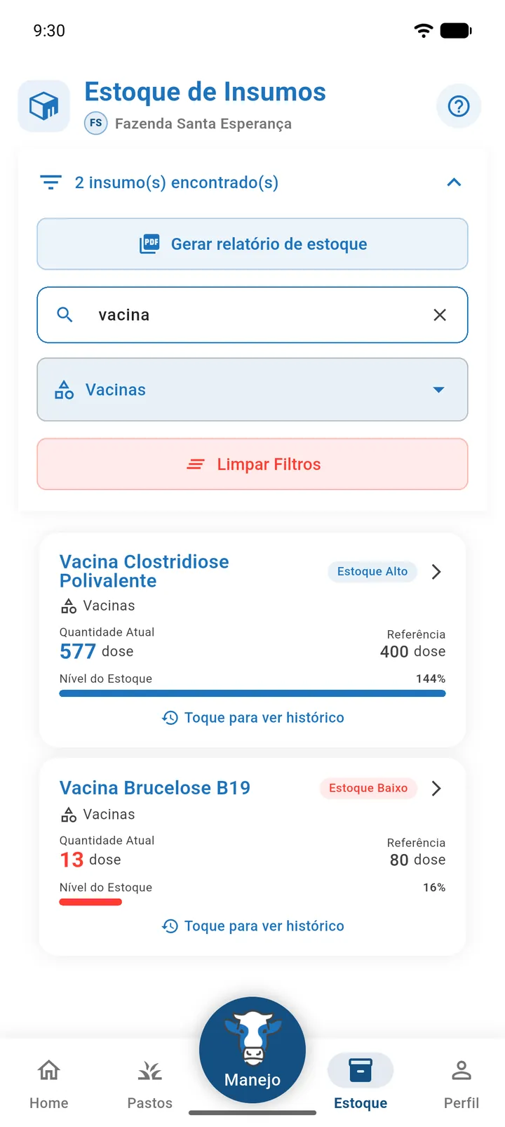 Barra de filtros aberta na tela Estoque de Insumos com a busca "vacina" e a categoria Vacinas selecionada