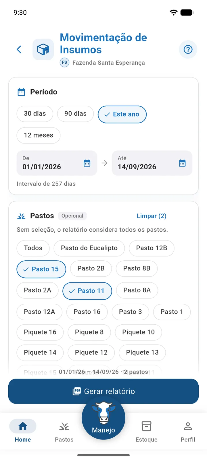 Tela de filtros do relatório Movimentação de Insumos com o período e a seleção de pastos