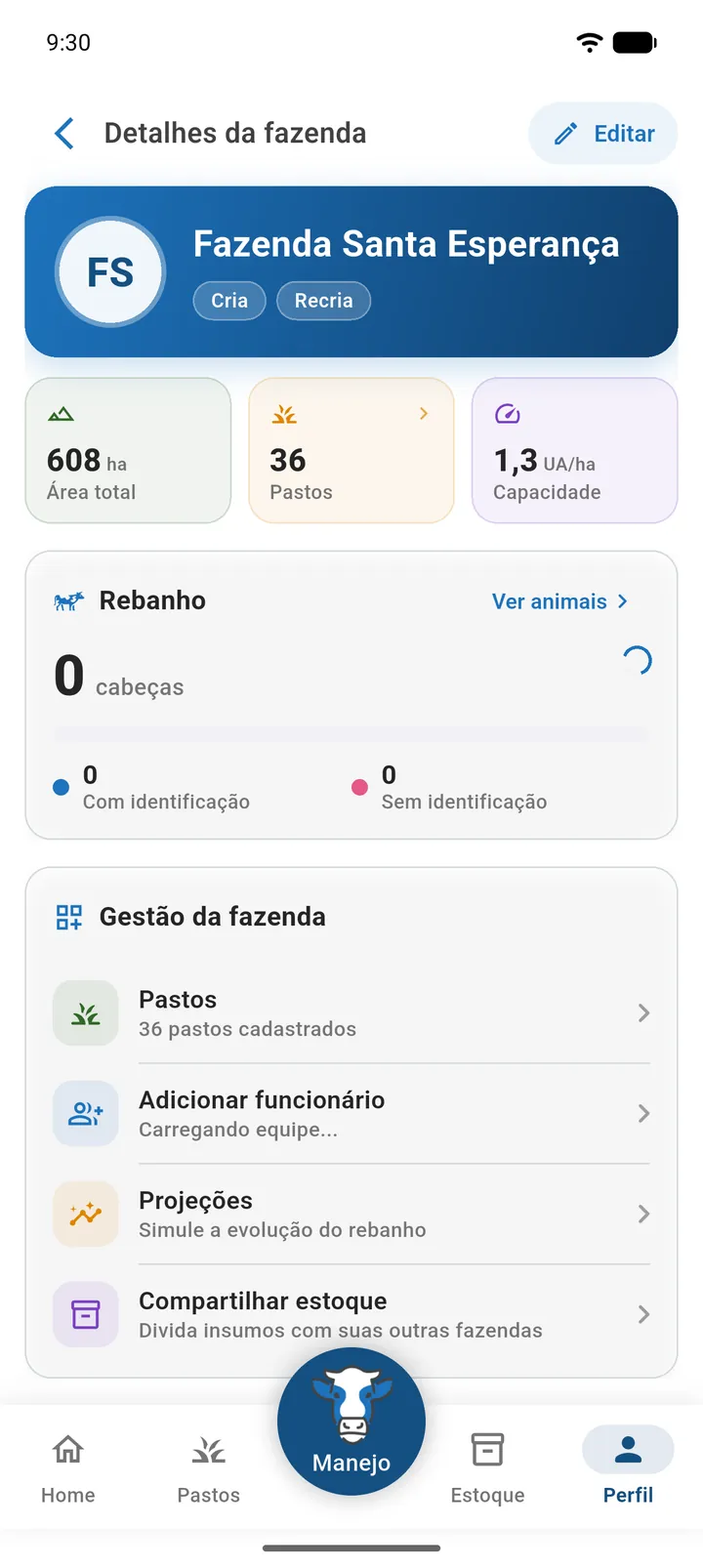 Seção Gestão da fazenda com os atalhos Pastos, Adicionar funcionário, Projeções e Compartilhar estoque