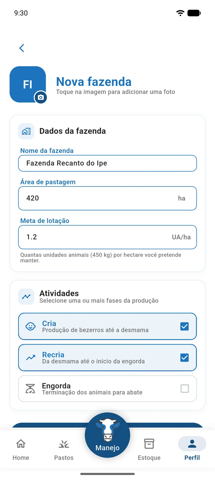 Tela Nova fazenda preenchida, com foto, nome, área em ha, meta em UA/ha e as atividades Cria e Recria marcadas