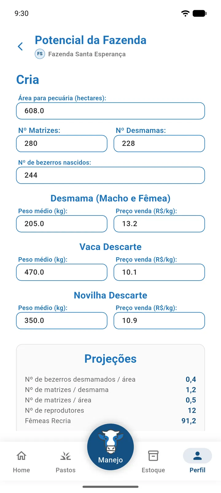 Tela Potencial da Fazenda de Cria com os campos preenchidos e o quadro Projeções calculado (parte 1)