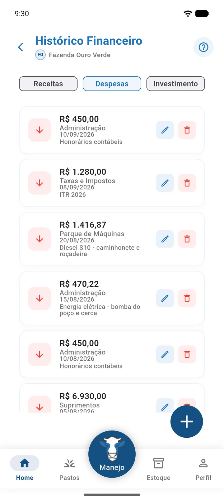 Tela Histórico Financeiro, aba Despesas, com cartões de lançamentos mostrando valor, categoria, data e descrição
