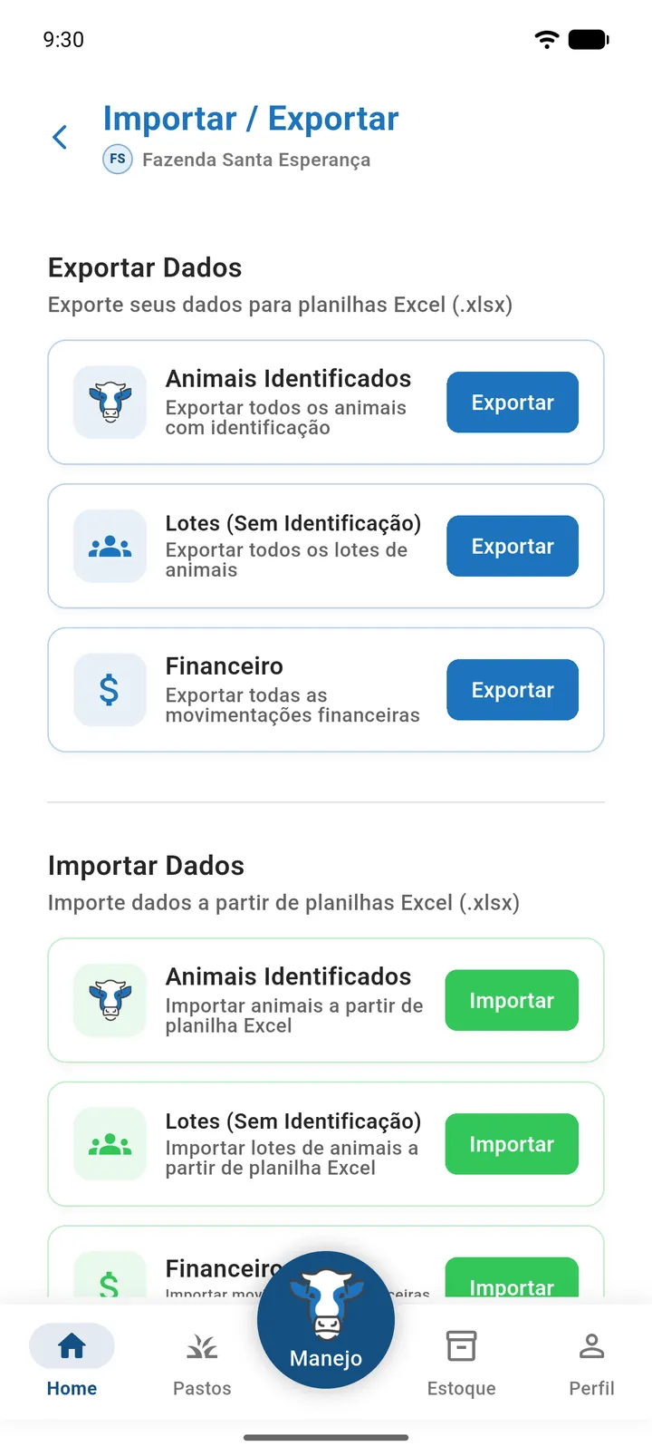 Tela Importar / Exportar mostrando as seções Exportar Dados, Importar Dados e Modelos de Planilha