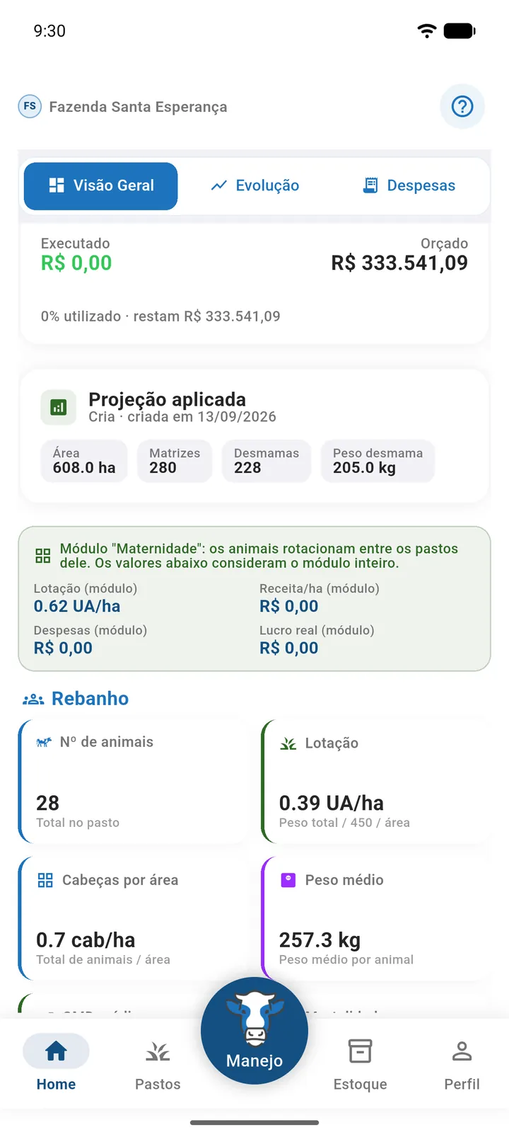 Seções Rebanho e Econômico dos Indicadores gerais com Nº de animais, Lotação, Peso médio, GMD médio, Mortalidade, Receita/ha, Custo cabeça/mês e Custo @ (parte 1)