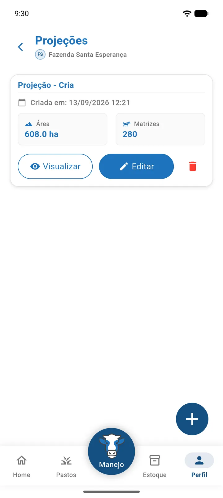 Tela Projeções da fazenda com os cartões Projeção - Cria e Projeção - Recria/Engorda
