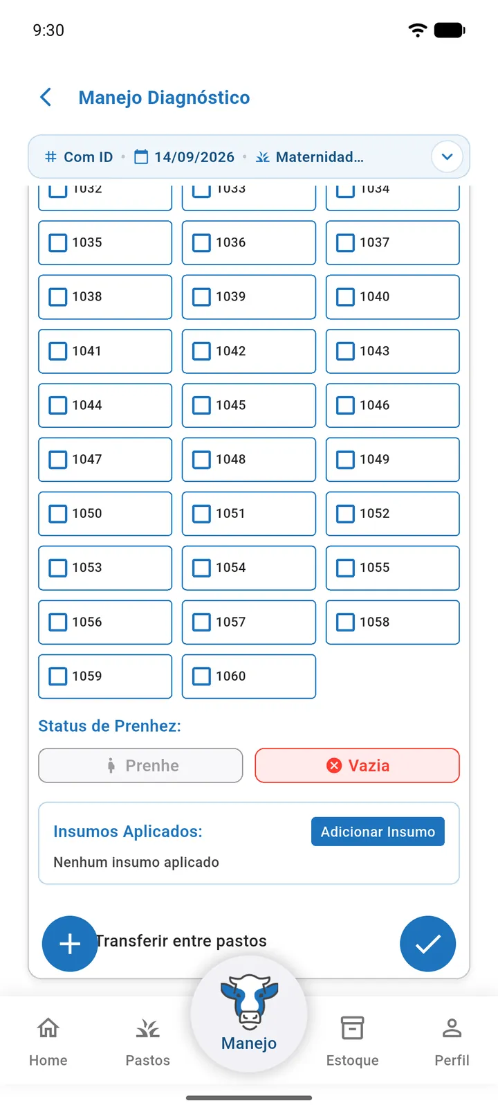 Tela Manejo Diagnóstico na aba Com ID com o pasto escolhido e dois cartões, Diagnóstico 1 como Prenhe e Diagnóstico 2 como Vazia (parte 2)