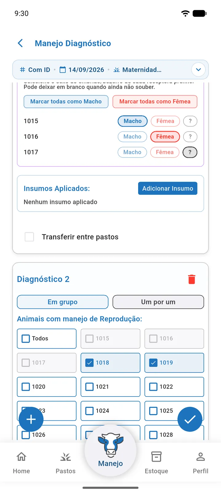 Tela Manejo Diagnóstico na aba Com ID com o pasto escolhido e dois cartões, Diagnóstico 1 como Prenhe e Diagnóstico 2 como Vazia (parte 1)