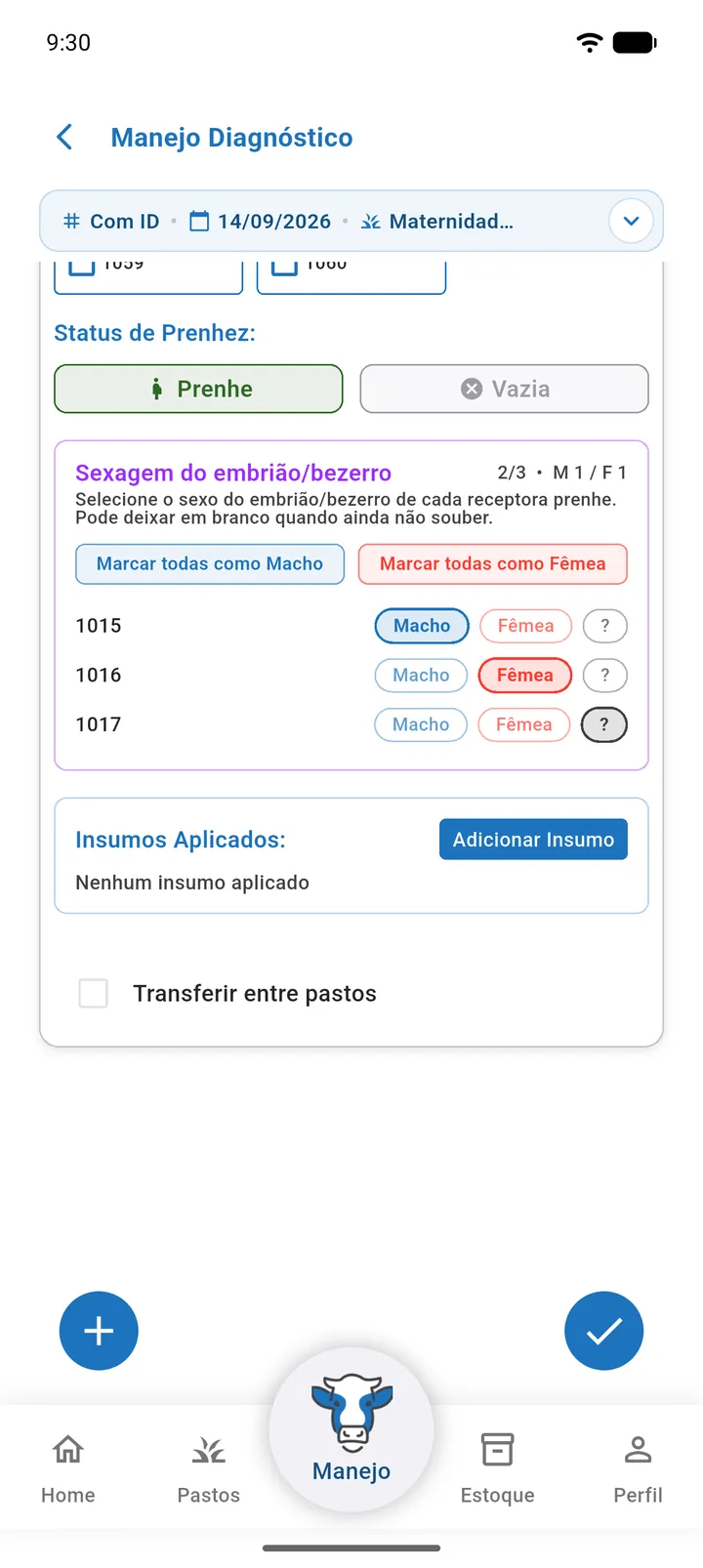 Seção Sexagem do embrião/bezerro com matrizes marcadas como Macho, Fêmea e ?, os atalhos Marcar todas e o contador