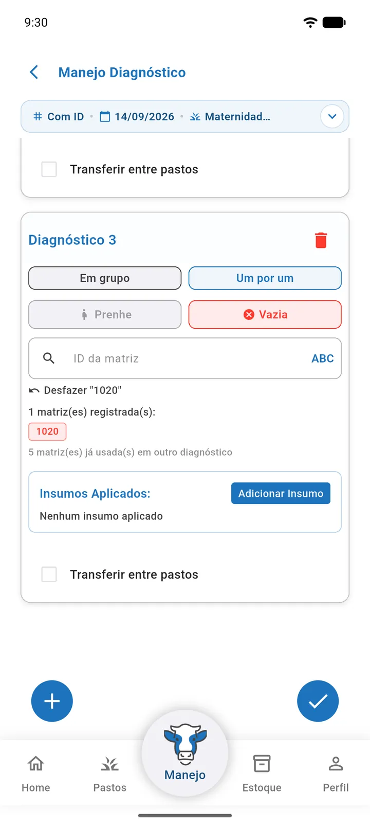 Cartão de diagnóstico no modo Um por um com o campo de ID da matriz, a lista de matrizes registradas e o botão Desfazer