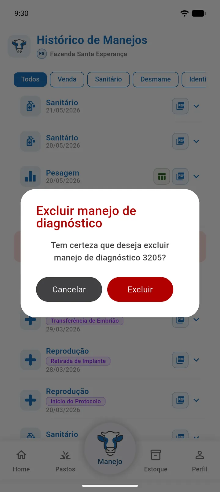 Cartão do histórico arrastado para a esquerda mostrando a ação Excluir e o diálogo de confirmação