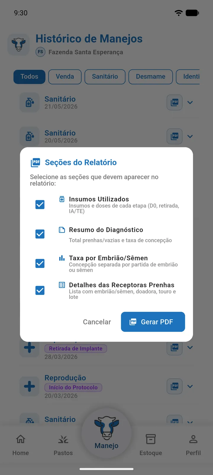 Diálogo Seções do Relatório do diagnóstico com as seções marcadas e o botão Gerar PDF