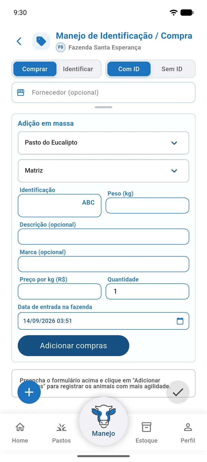 Tela Manejo de Identificação / Compra com os alternadores Comprar e Identificar e Com ID e Sem ID no topo