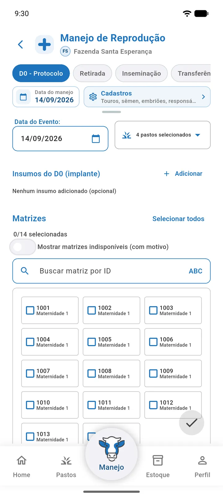 Tela Manejo de Reprodução com as abas de fase no topo e a grade de matrizes