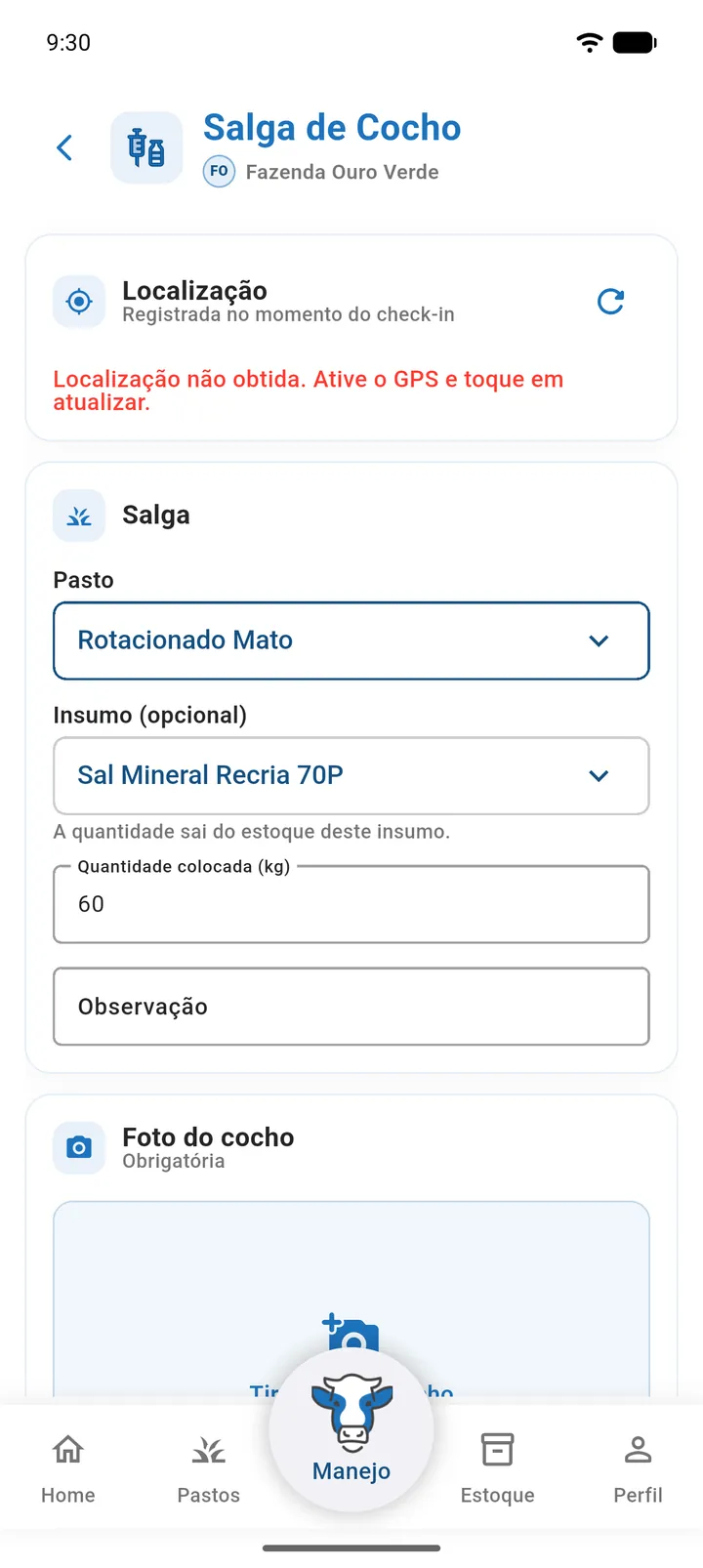 Tela Salga de Cocho com a localização obtida e o selo No pasto, o pasto e o insumo escolhidos, a quantidade colocada e a foto do cocho
