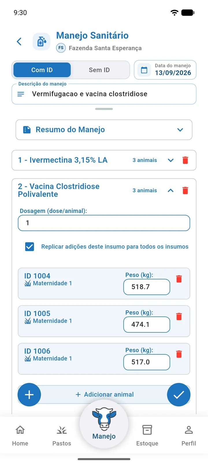 Tela Manejo Sanitário com a descrição preenchida, dois insumos adicionados com dosagem e os animais de cada insumo