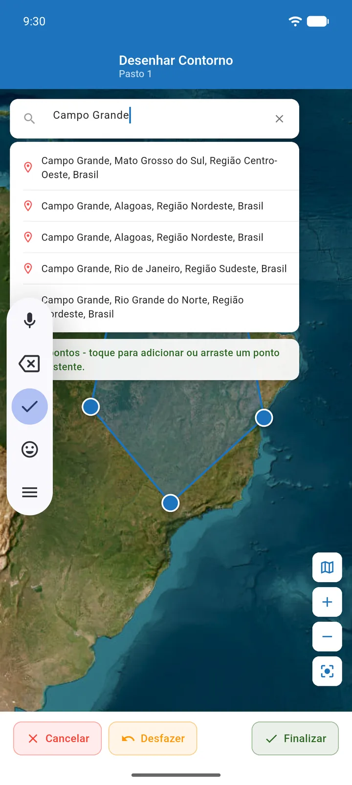 Barra de busca do editor de contorno com sugestões de cidades abertas