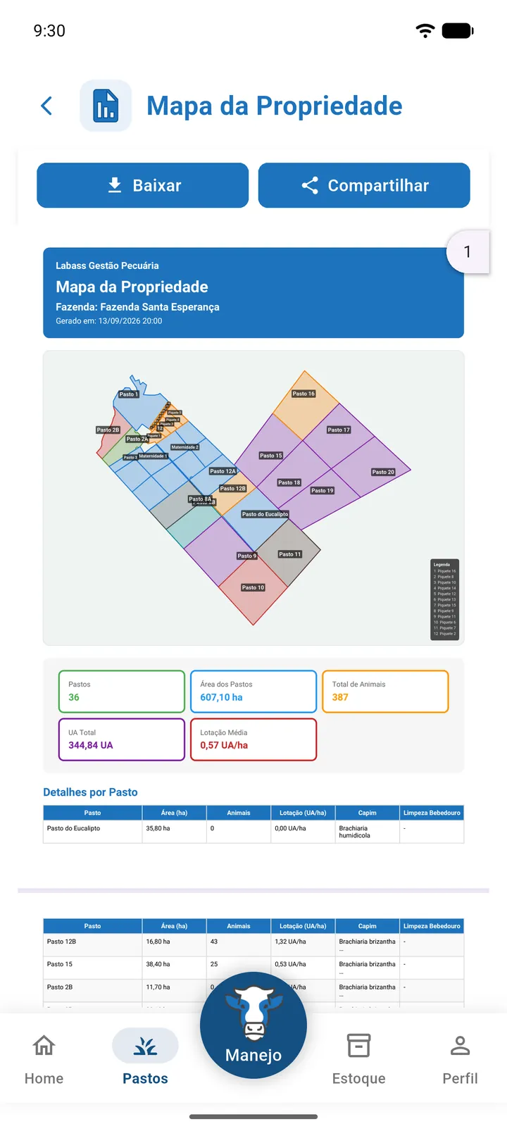 Página do PDF Mapa da Propriedade com a imagem dos contornos, o resumo e a tabela Detalhes por Pasto
