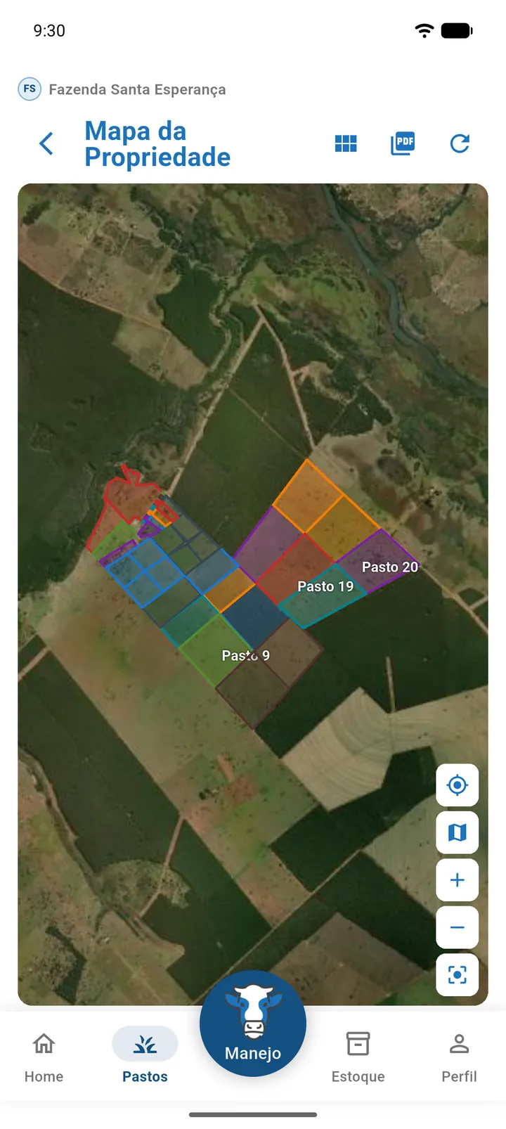 Tela Mapa da Propriedade com o contorno verde da fazenda, os pastos coloridos e os botões Ver por módulo, Exportar PDF e Atualizar