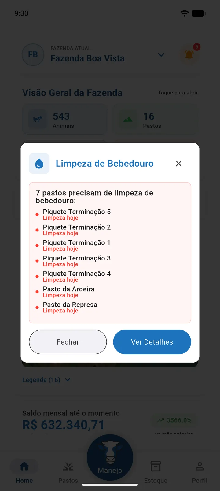 Aviso de Limpeza de Bebedouro na tela inicial com os botões Fechar e Ver Detalhes
