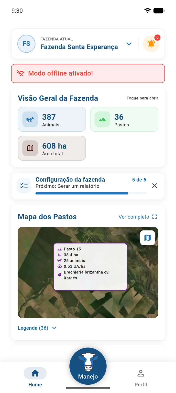 Barra de navegação sem internet, com apenas Home, Manejo e Perfil