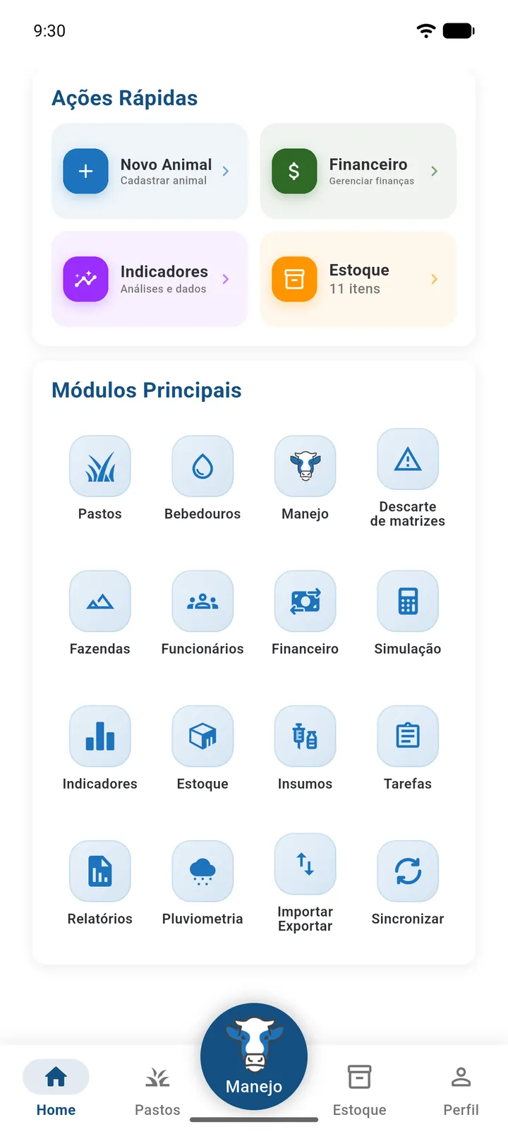 Grade Módulos Principais na tela inicial de um produtor com internet