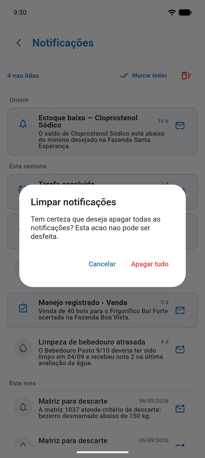 Diálogo Limpar notificações com os botões Cancelar e Apagar tudo