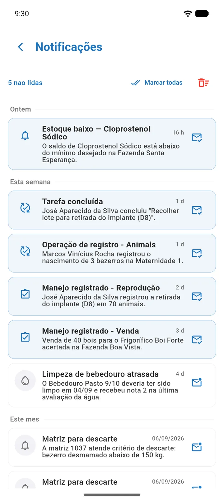 Tela Notificações com itens agrupados em Hoje e Ontem e o contador de não lidas