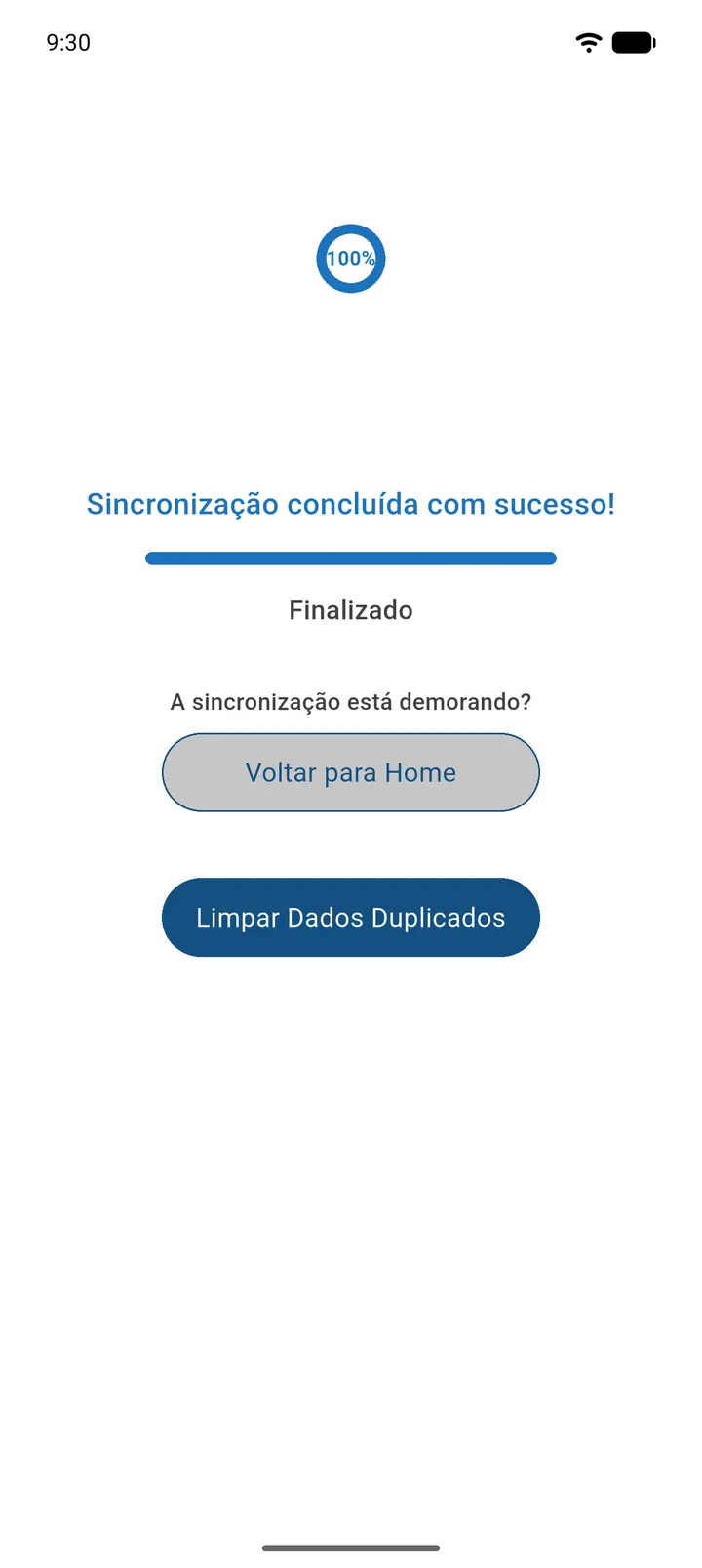 Tela Sincronizar finalizada com o botão Limpar Dados Duplicados