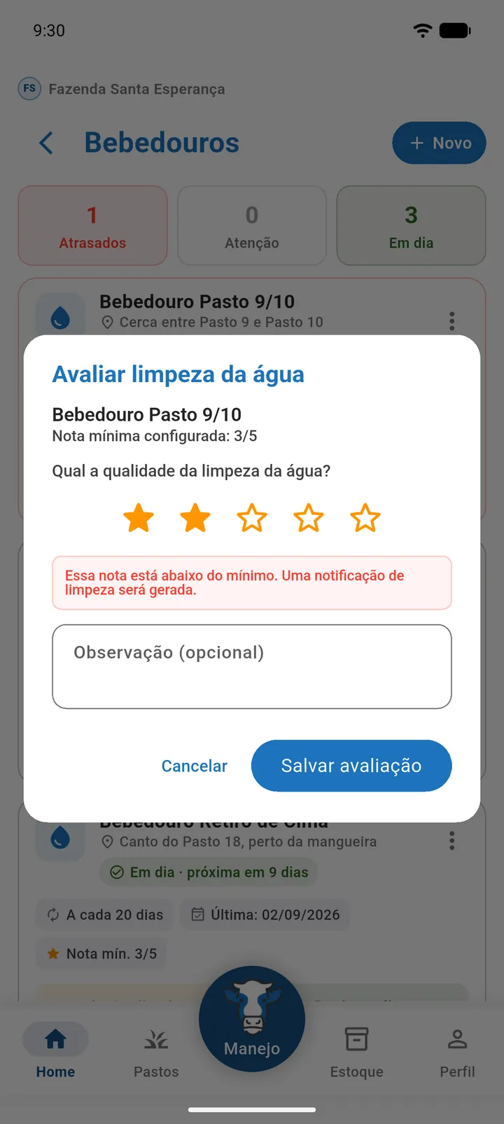 Diálogo Avaliar limpeza da água com 2 estrelas e o aviso de nota abaixo do mínimo