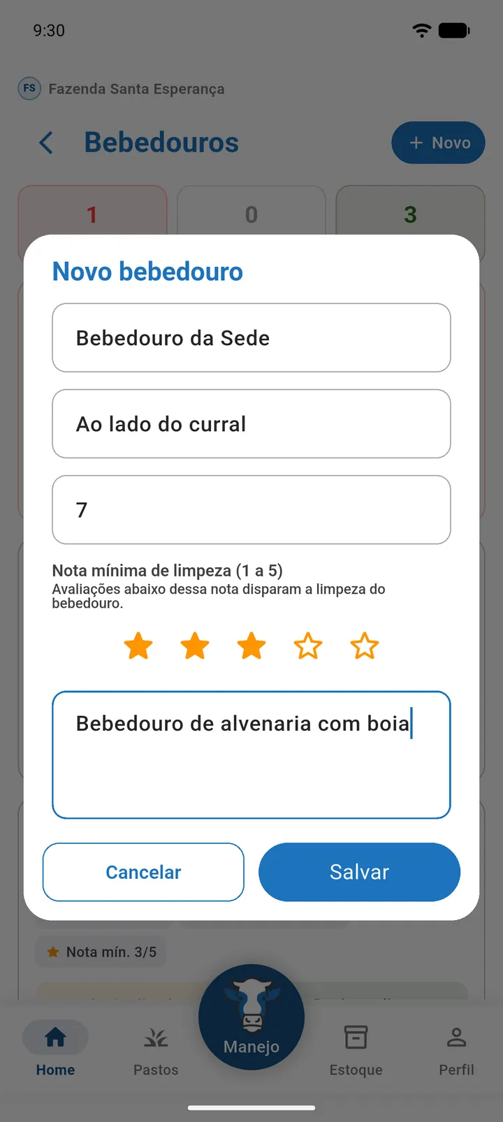 Formulário Novo bebedouro com nome, localização, intervalo de 7 dias, nota mínima 3 e descrição