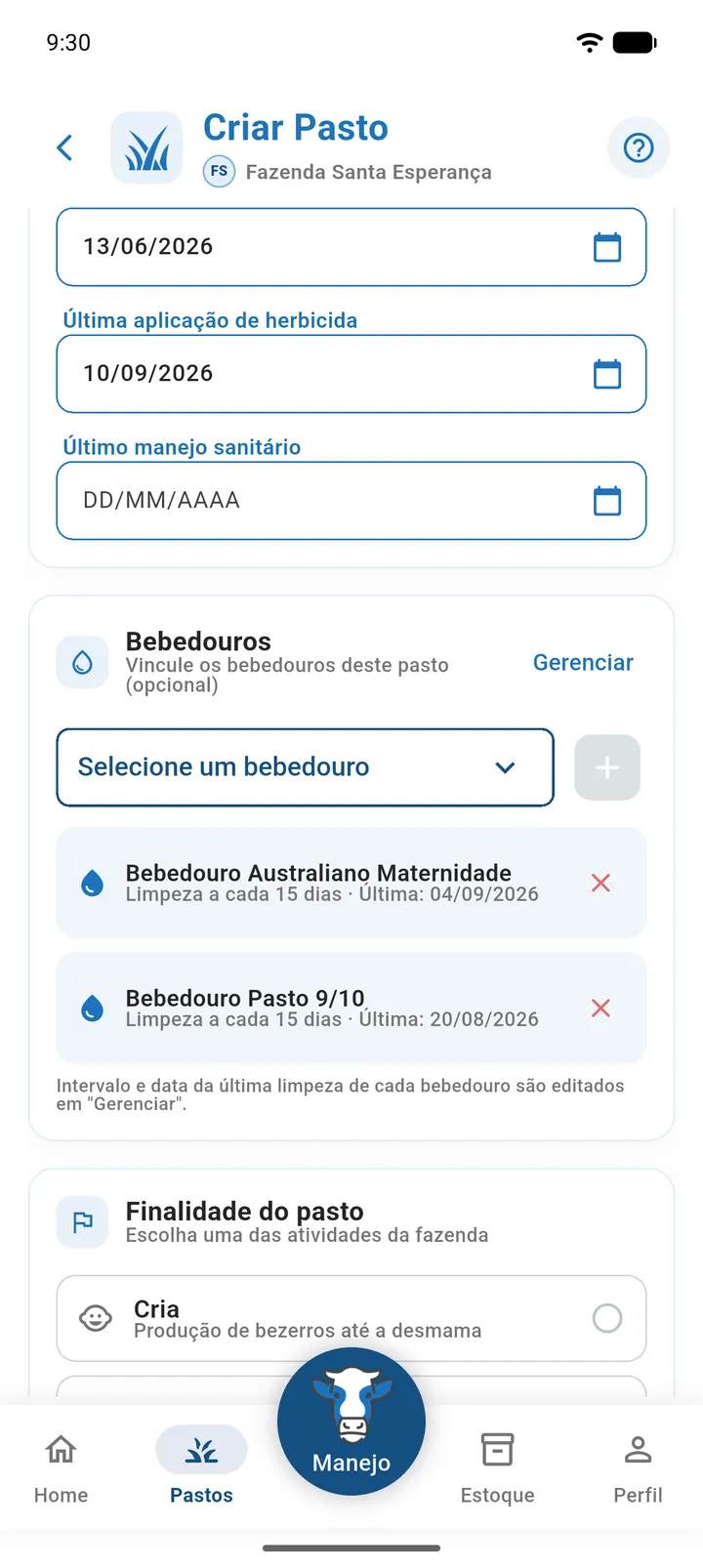Seção Bebedouros do cadastro de pasto com dois bebedouros adicionados e o botão Gerenciar