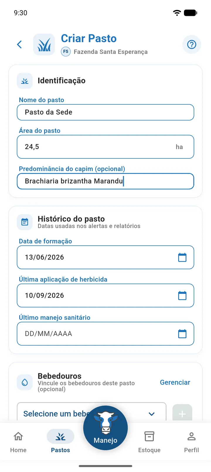 Tela Criar Pasto com as seções Identificação e Histórico do pasto preenchidas