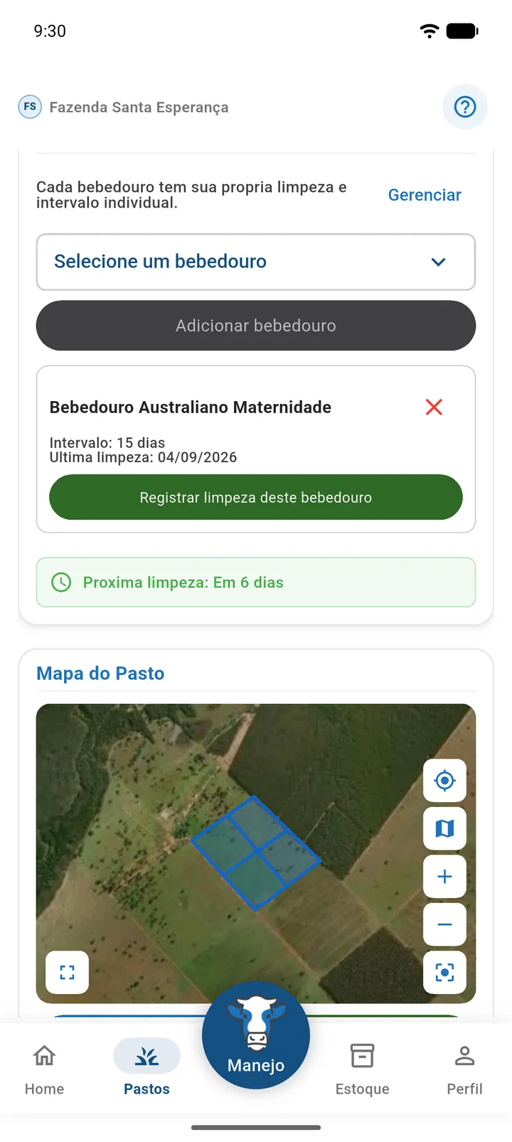 Seção Bebedouros do Pasto com dois bebedouros, o botão Registrar limpeza deste bebedouro e a faixa Próxima limpeza