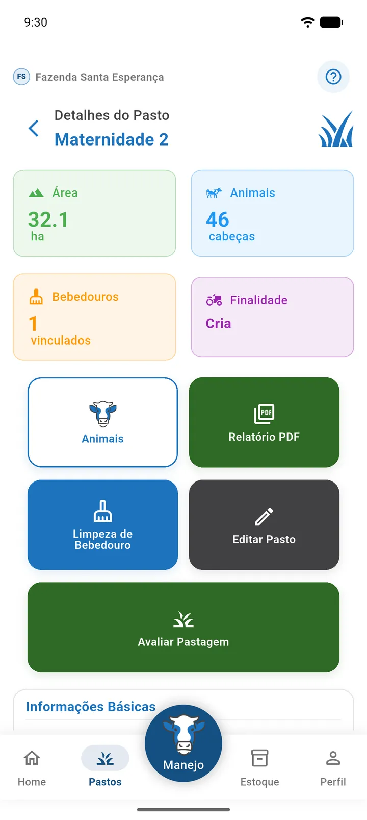 Tela Detalhes do Pasto com os indicadores Área, Animais, Bebedouros e Finalidade e os botões de ação